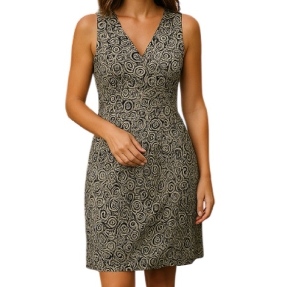 CONNECTED APPAREL Leaf Flower Print Sleeveless  Knee Length Dress Black Tan 6 - Picture 1 of 11